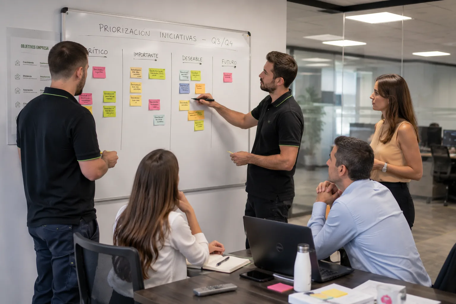 Equipo de TriCloud en una sesión de priorización con un cliente frente a un panel de notas